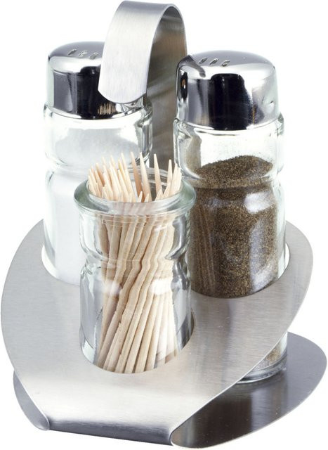 PULSIVA Buffo Salz- Pfeffer- und Zahnstocher-Menage Set aus Glas und Edelstahl, Silber/Transparent, B/H/T: 10,5 x 10,0 x 10,0 cm - Bild 1