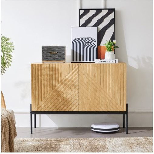 MUVOE Buffet Kommode mit Liniendesign in Braun, 2 Türen und Metallbeinen, H 75 cm x B 100 cm x T 40 cm - Bild 1