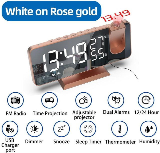 ZCXU LED Digital Projektionswecker mit FM-Radio in Weiß/Rosegold - Bild 1