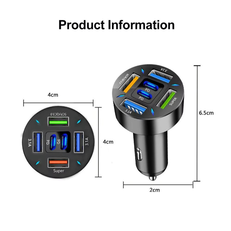 kebidumei 6-Port Autoladegerät mit 250W, schnelles Laden mit PD QC3.0 USB-C und Typ-C Adapter, Schwarz - Bild 5