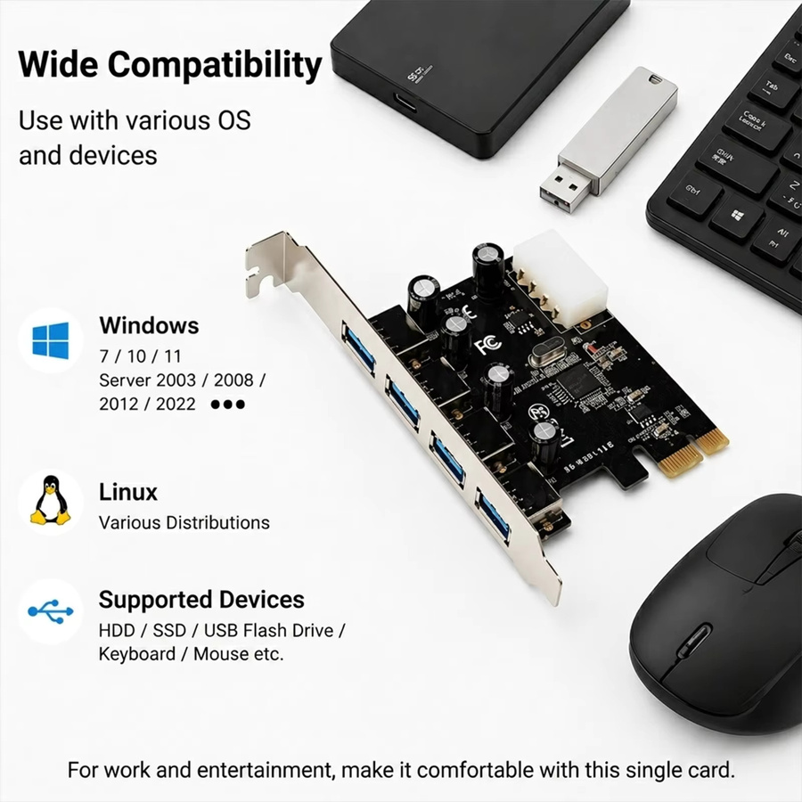 BZIZU PCIe X1 zu 4-Port USB 3.0 Erweiterungskarte mit NEC UPD720201 Chip, USB-A Typ A, 5Gbps, Schwarz - Bild 3