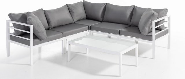 17-teiliges Hardin Ecklounge-Set in L-Form mit Glastisch aus pulverbeschichtetem Aluminium und Polsterkissen in Weiß/Grau - Bild 1