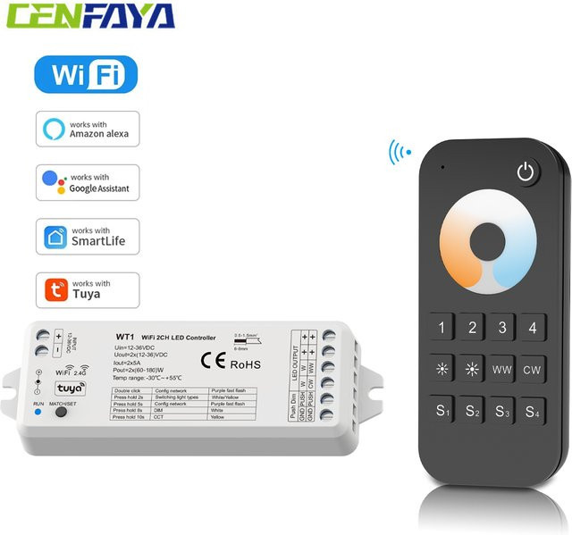 CENFAYA Tuya WiFi Smart LED Streifen Controller 2CH CCT Dimmer für DC 12V 24V mit Alexa und Google Home sowie RF 2,4G Fernbedienung - Bild 1