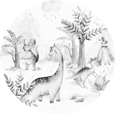 K&L Wall Art Vliestapete Kvilis Welt der Dinos, Rundes Wandbild mit Dinosauriern in Schwarzweiß und Mehrfarben, Matt, B/H: 153 x 140 cm - Bild 1