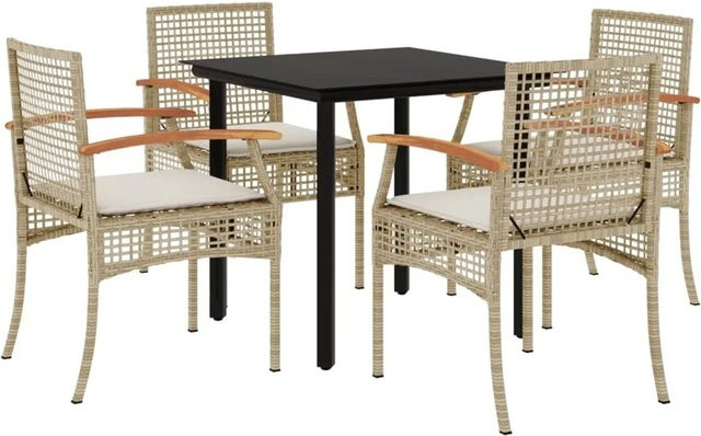 vidaXL 5-teilige Garten-Essgruppe aus Poly Rattan und Akazienholz in Beige mit Kissen und Glastisch - Bild 1