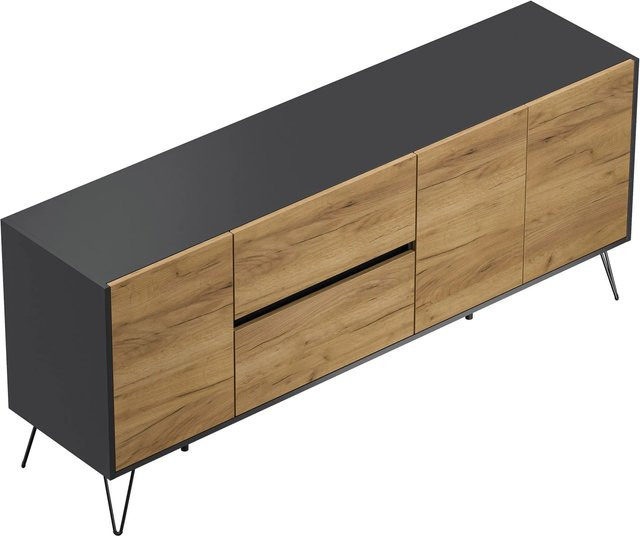 Posseik Sideboard Industrial I mit 2 Schubladen und 3 Türen in Grafit und Eiche, Breite: 177 cm, Höhe: 75,8 cm, Tiefe: 42 cm - Bild 1