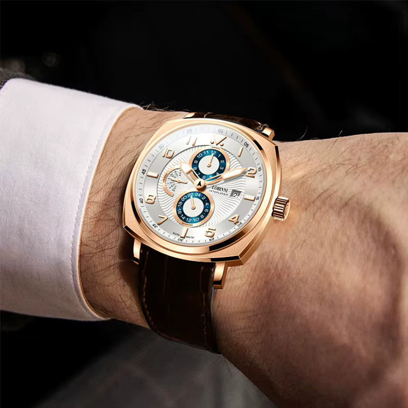 LOBINNI Armbanduhr Automatik, Edelstahl, Roségold, Leder, Herren - Bild 4