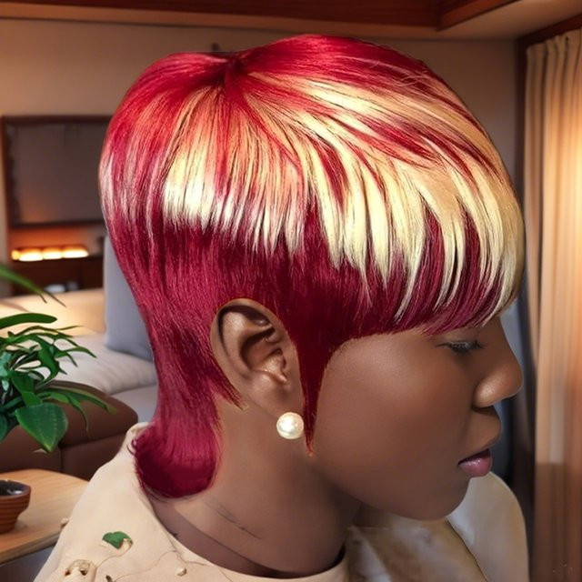 OYM HAIR Pixie-Echthaar-Perücke, rot-blond-burgunderfarben, Damen - Bild 1