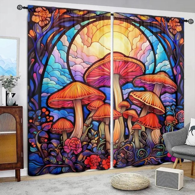 2er-Set Vorhang mit Pilzaufdruck in Blau, halbtransparentes Fensterdekor aus Polyester, B: 52,5 cm, H: 116 cm - Bild 1