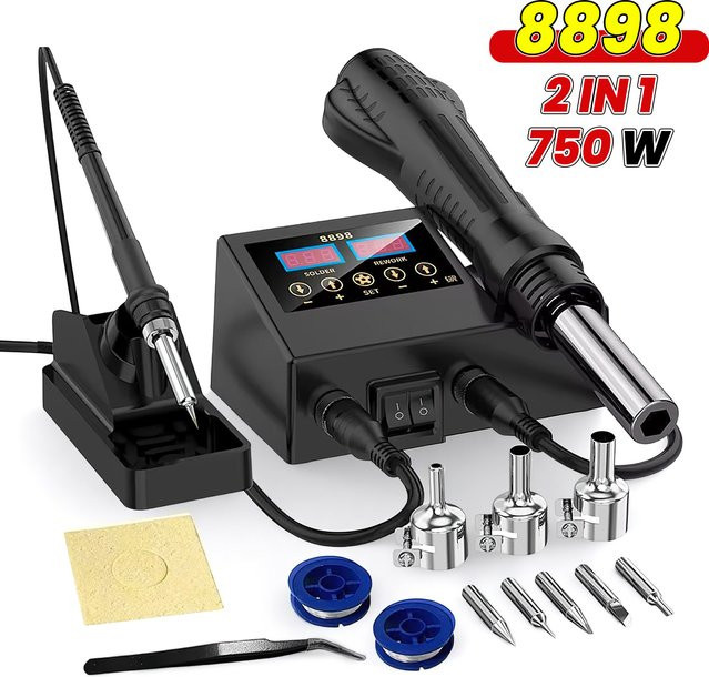 TKKEACE 2 in 1 Lötstation mit Heißluftpistole und Digitalanzeige für SMD BGA PCB Reparaturen, Schwarz - Bild 1