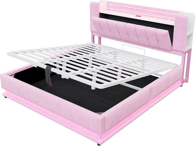 okwish Kinderbett mit LED-Beleuchtung und USB-Ladeanschluss in Rosa und Beige, Polsterbett mit Lift-up-Stauraum für das Jugendzimmer, B/T/H: 180 x 200 x 107 cm - Bild 1