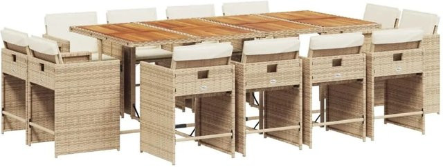 vidaXL 13-tlg Garten-Essgruppe aus Poly-Rattan und Akazienholz mit Kissen in Beige, Braun und Cremeweiß - Bild 1