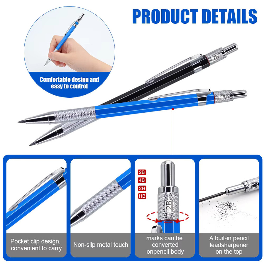 JOMPENS Metall-Druckbleistift in Blau mit 2,0 mm Graphitmine 2B für Kunst, Design und Schule - Bild 3
