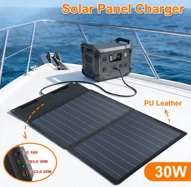 Leaorld 30W Solarpanel-Ladegerät 12V Batterieladegerät mit USB PD3.0 Schnellladefunktion und Clips in Schwarz - Bild 1