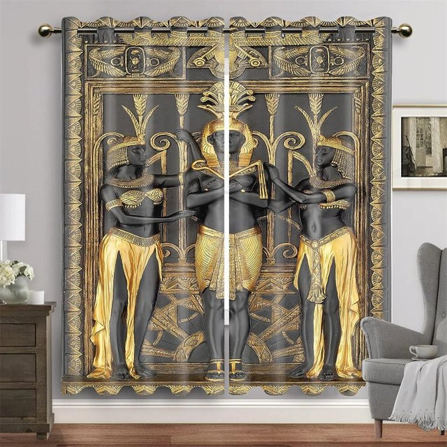 A Family Of Home Textiles Ägyptische Fenstervorhänge mit Antiken Göttern und Hieroglyphen, Schwarz, semi-transparent, B: 135 cm, H: 245 cm - Bild 1