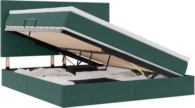 vidaXL Bett mit Stauraum und LED in Dunkelgrün aus Samt, B/T/H: 160 x 200 x 128 cm - Bild 1