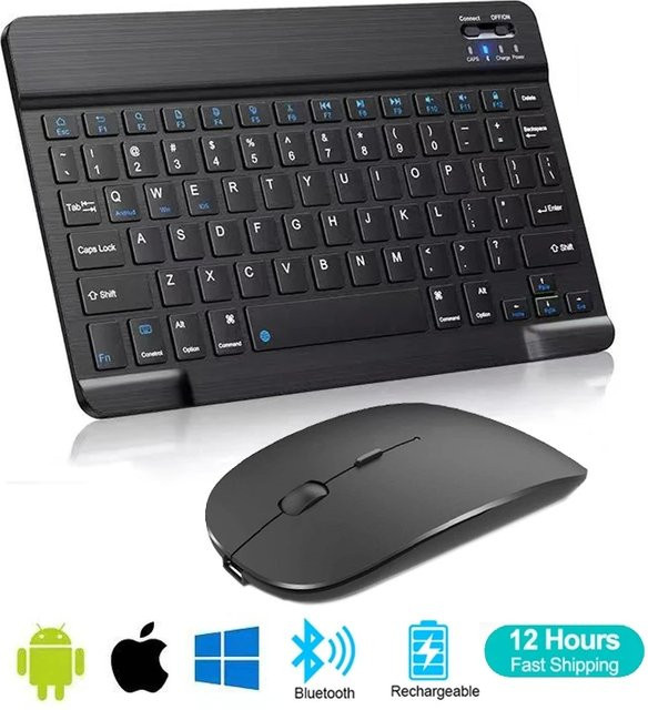 AyeBeau Mini Bluetooth Drahtlose Tastatur mit Maus Set in Schwarz, Azerty Layout für iPad, Mac, PC, Tablet und Laptop - Bild 1