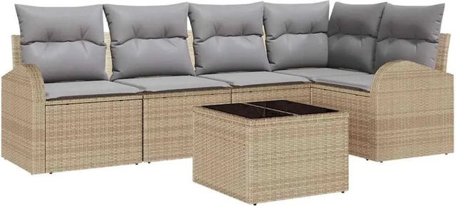 vidaXL Garten-Sofa-Set aus Polyrattan in Beige mit Kissen, 6-teilige Lounge-Garnitur für Garten, Balkon und Terrasse mit L-Form und Couchtisch - Bild 1