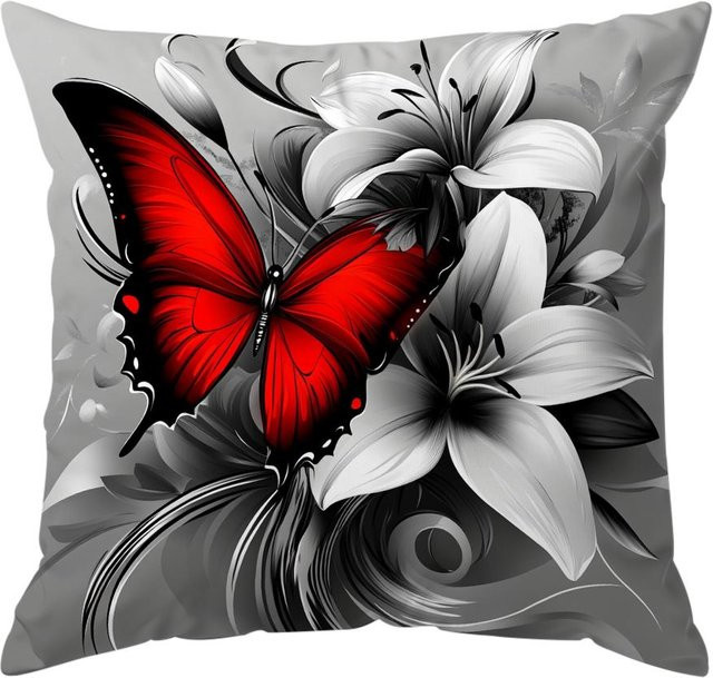 Delampa Kissenbezug mit rotem Schmetterlings- und Lilien-Design, quadratisch, B/B/H: 55 x 55 x 55 cm - Bild 1