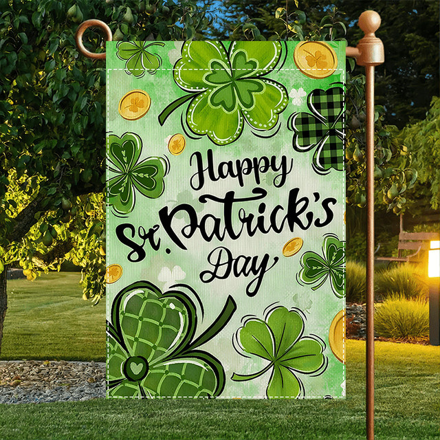 VIKAMA Happy St. Patrick's Day Gartenflagge mit Kleeblatt-Design in Grün, doppelseitig und wasserdicht, B/H: 30 x 45 cm - Bild 1