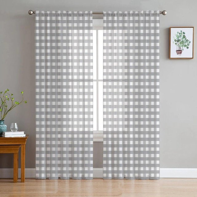 Gelbe karierte transparente Voile-Fenstervorhänge von A Family Of Home Textiles für Wohnzimmer und Kinderzimmer, B: 135 cm, H: 137 cm - Bild 1