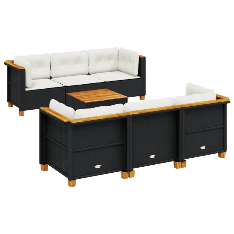 vidaXL 7-tlg Garten-Sofagarnitur aus Polyrattan in Schwarz mit Kissen und Akazienholz-Tisch - Bild 2