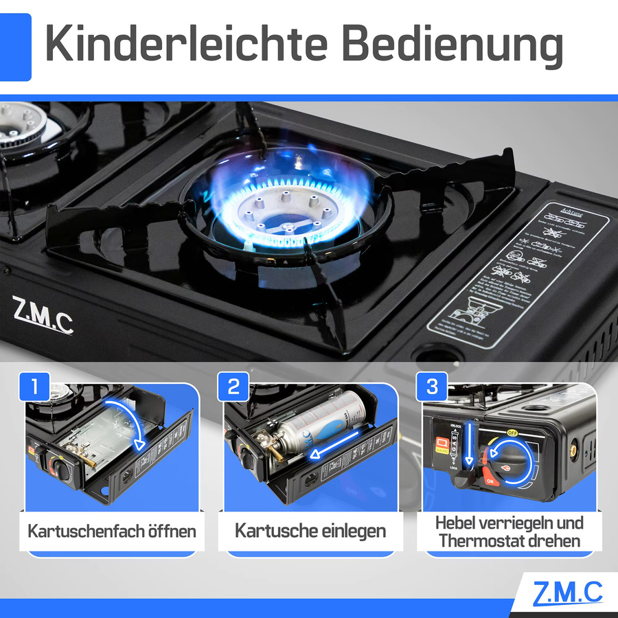 ZMC 2-flammiger Campingkocher 2,3 kW in Schwarz inklusive 20 Gaskartuschen à 227 g mit Piezo-Zündung, LPG-Adapter und tragbarem Koffer für Outdoor und Camping - Bild 2