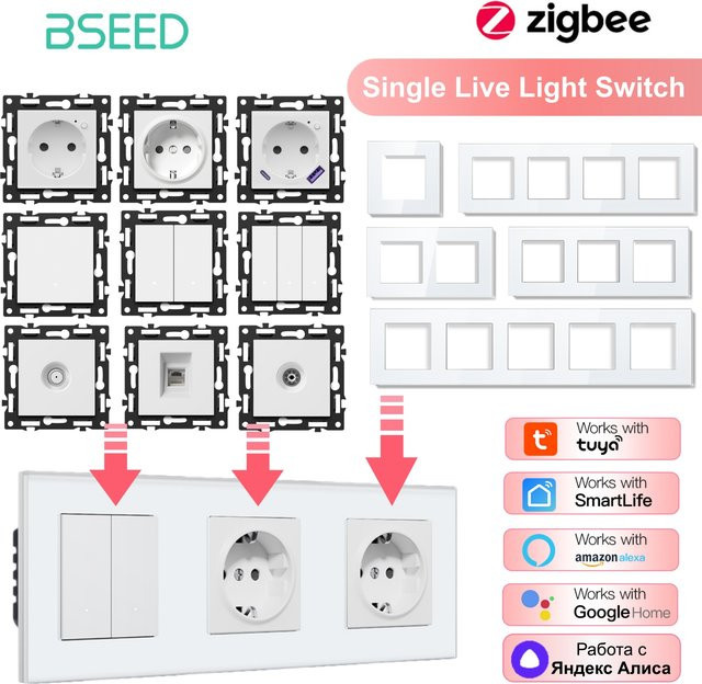 BSEED Zigbee-Schaltmodul für Smart-Steckdosen ohne Neutralleiter mit weißem Glasrahmen - Bild 1