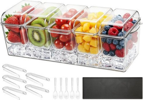 VEVOR Eisgekühlter Zutatenbehälter mit 5 abnehmbaren Fächern und separaten Deckeln, transparent - Bild 1