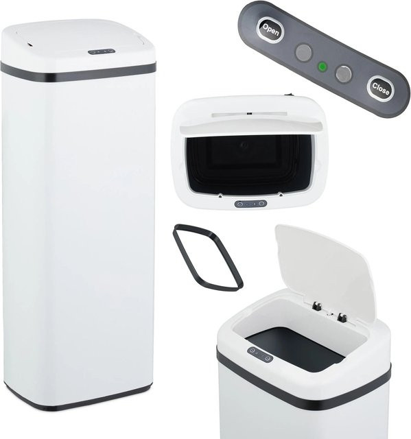 Relaxdays Sensor-Mülleimer aus Stahl in Weiß, Volumen: 50 l, B/T/H: 84 x 33 x 25 cm - Bild 1