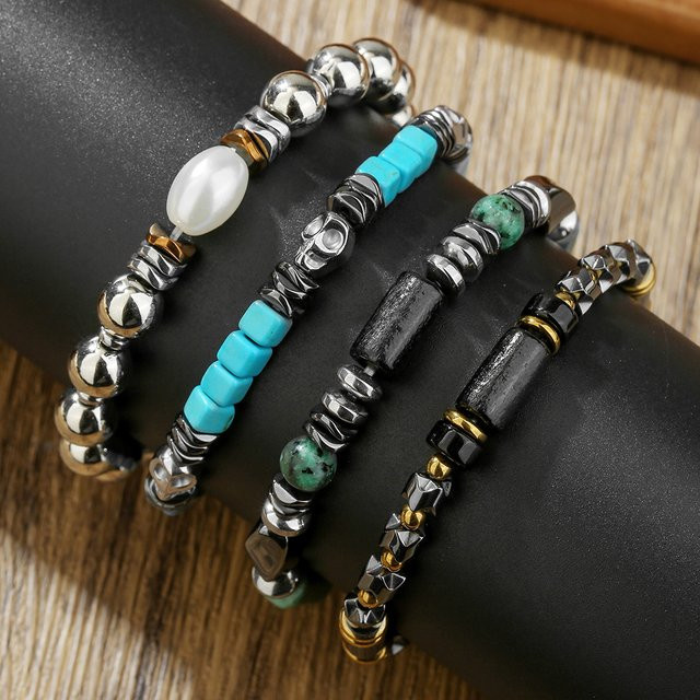 Armband, Perlen, Kreuzkopf, Naturstein, Silber, Herren - Bild 1