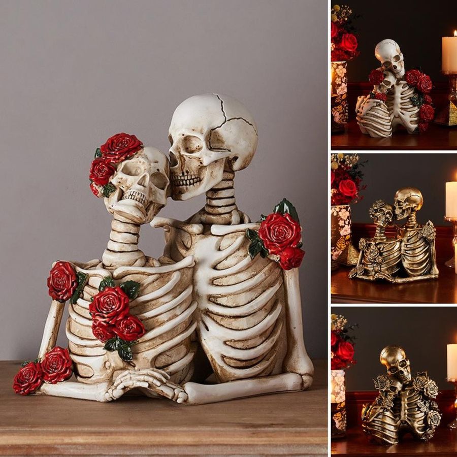 Yiran Furniture Vintage Gothic Paar Skelett Figuren mit Rose aus Harz als Deko-Skulptur für Halloween, Mehrfarbig - Bild 3