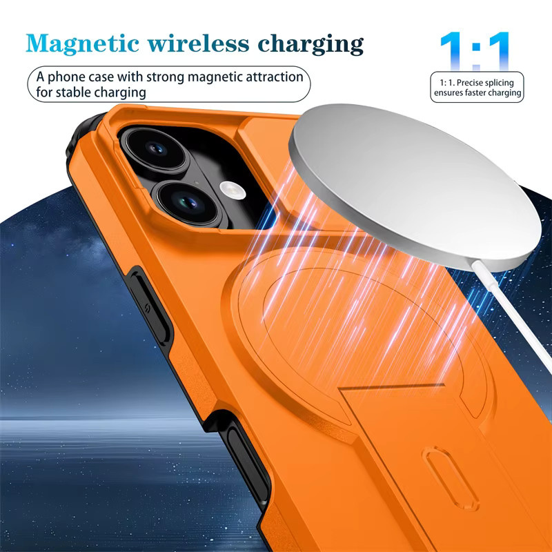 OLPAY Magnetische Panzerhülle mit Objektivschutz und Klapphalterung für iPhone 17 Air, 16, 15, 14, 13 Pro Max Plus, MagSafe kompatibel, Schwarz/Orange - Bild 6