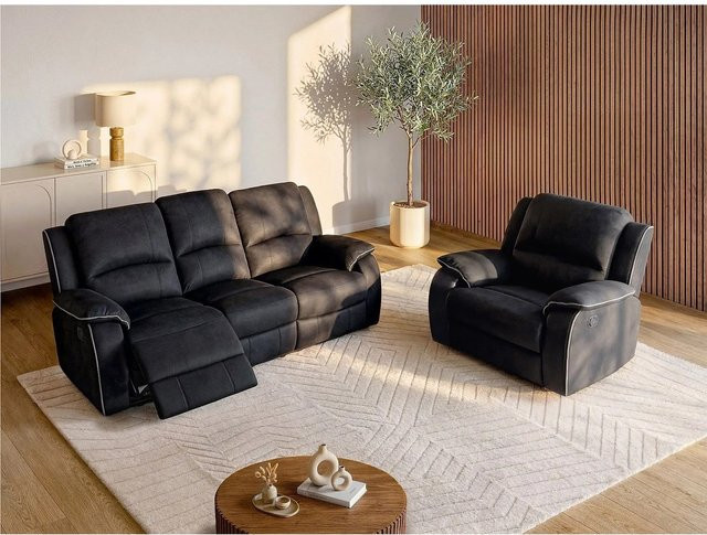 Vente-unique Couchgarnitur Hernani mit Sessel aus Microfaser in Schwarz, Breite: 210 cm, Tiefe: 100 cm - Bild 1