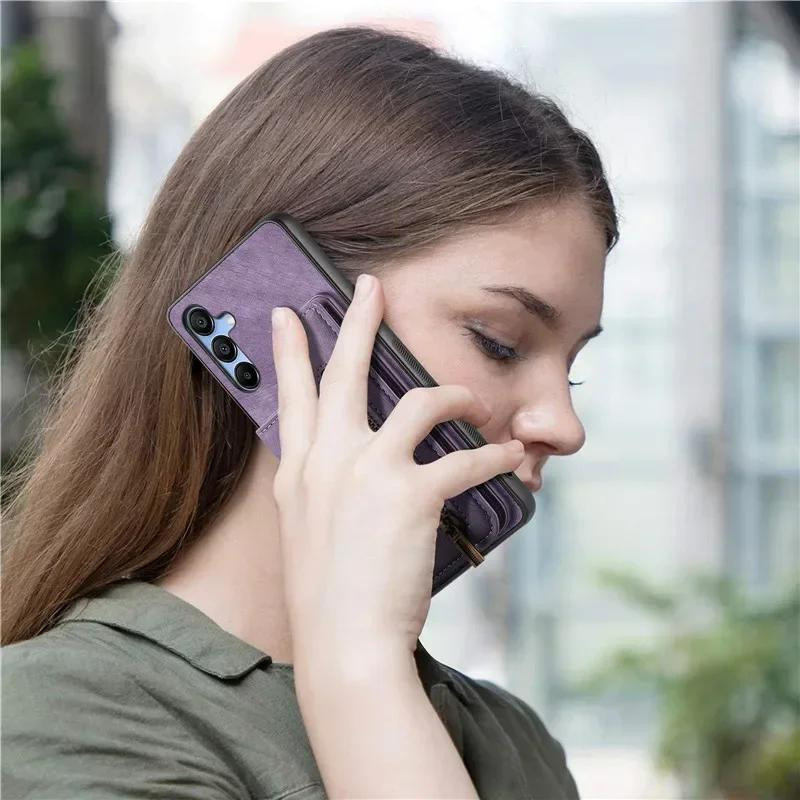 Retro Leder Handyhülle mit Reißverschluss und Geldbörse für Samsung Galaxy A-Serie in Lila - Bild 1