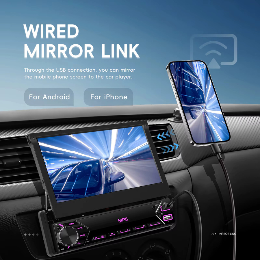 Podofo 1Din Autoradio mit 7 Zoll ausfahrbarem Bildschirm, Mirror Link MP5 Multimedia-Player, Bluetooth, Typ-C, EQ-Sound und mehrfarbiger Beleuchtung in Schwarz - Bild 2