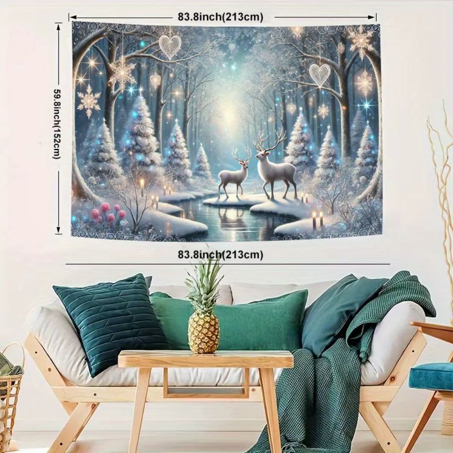 VIKAMA Nordischer Wandteppich mit Rentier und Schneeszene als Winter Wanddekoration für dein Wohnzimmer - Bild 3