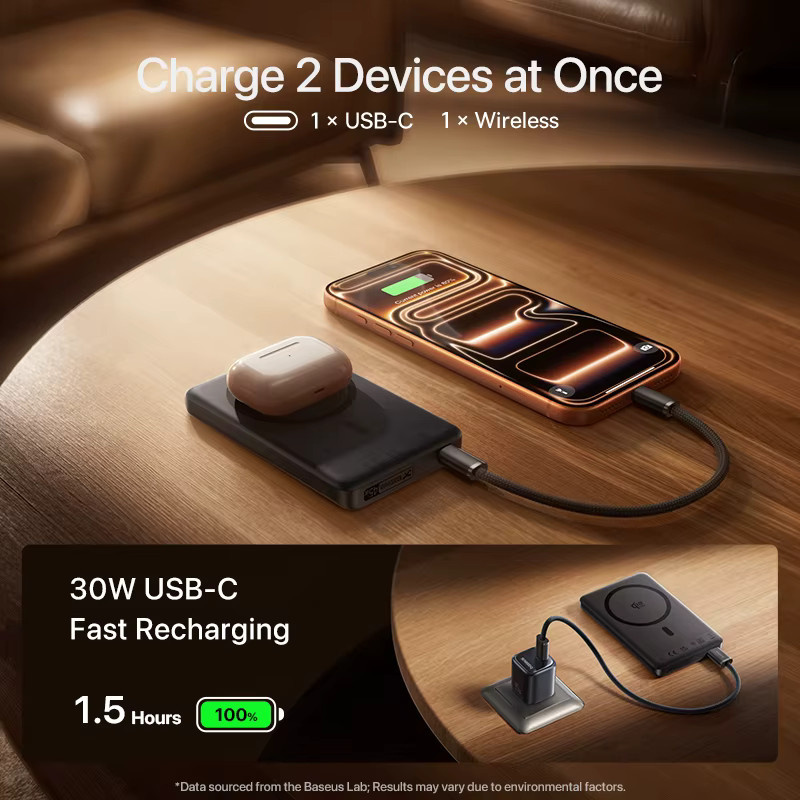 Baseus Qi2.2 Magnetische Powerbank 10000mAh mit 25W Kabellosem Laden und 45W PD USB-C, Schwarz - Bild 4
