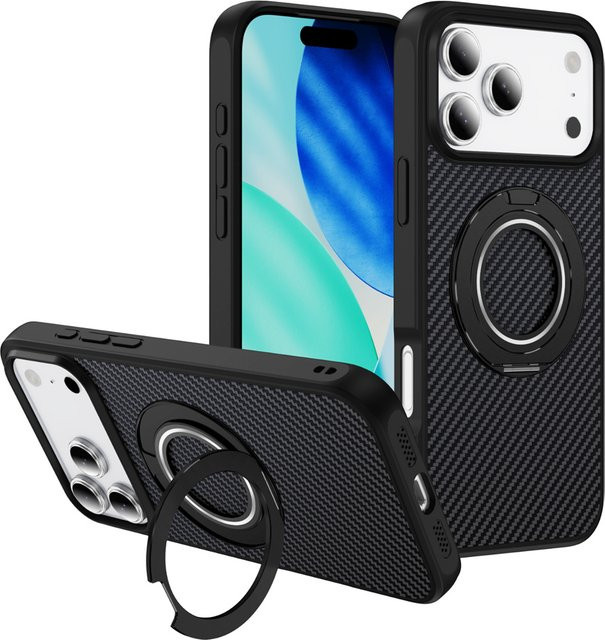 Magnetische Handyhülle mit 360 Grad rotierender Halterung für Apple iPhone 17 Air 16 15 14 13 12 Pro Max in Black mit Kohlefaser-Schutz - Bild 1