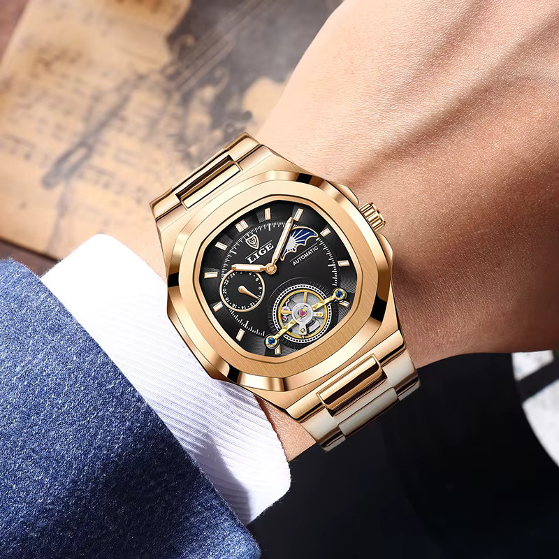 LIGE Armbanduhr Automatik, Edelstahl, Schwarz, Herren - Bild 6