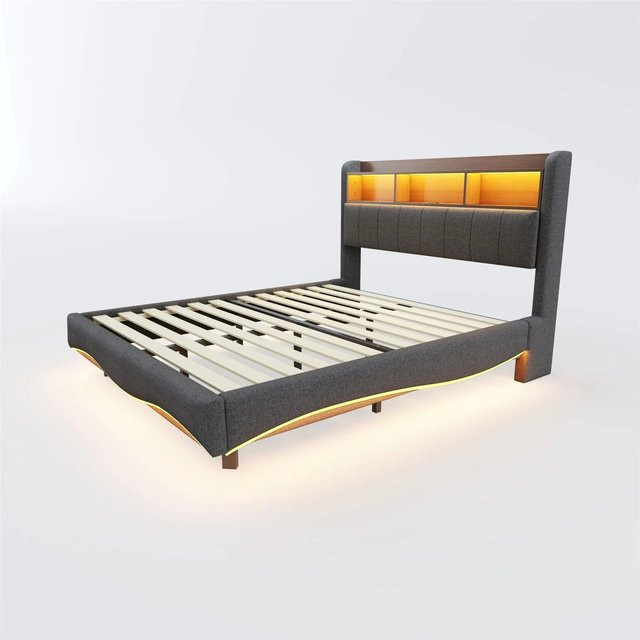 Merax Polsterbett mit Stauraum und LED-Beleuchtung in Grau, B/T/H: 160 x 200 x 110,5 cm - Bild 1