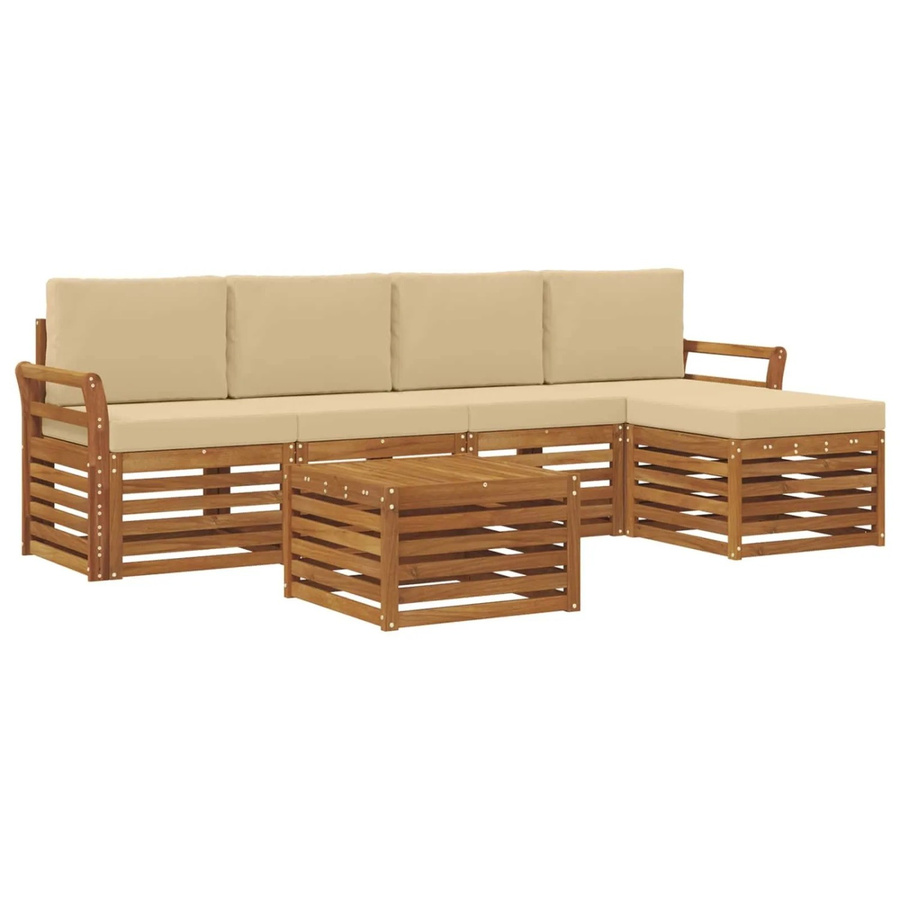 vidaXL Sofagarnitur 6-teilig aus Massivholz Akazie in Natur und Beige mit Polsterung und Armlehnen - Bild 2