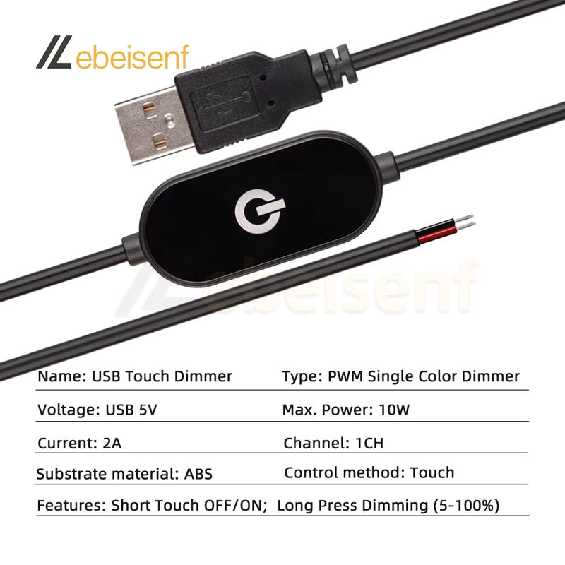 lebeisenf USB-Touch-Dimmschalterkabel Schwarz für einkanalige LED-Streifen, 5V 2A, 1,5 m Länge, 5–100 % Dimmer-Controller - Bild 2