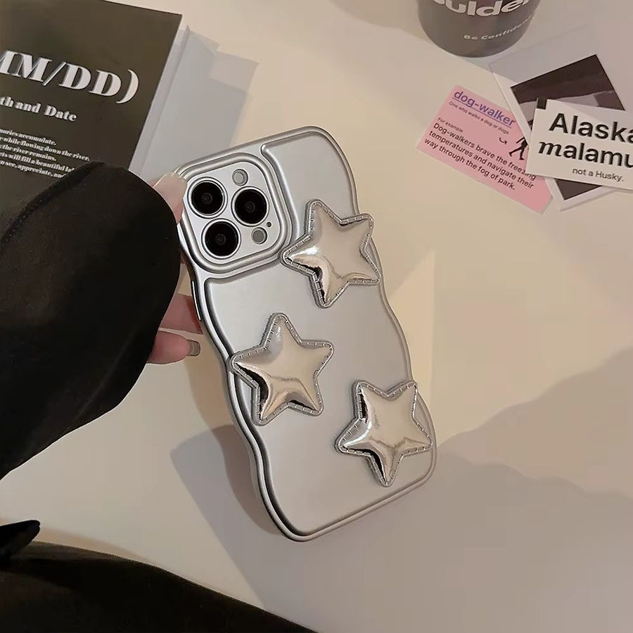 MUQGEW Handyhülle mit 3D Puff Star Design und Armbandkette für iPhone 11 bis 16 Pro Max, silber, stoßfeste Abdeckung - Bild 5
