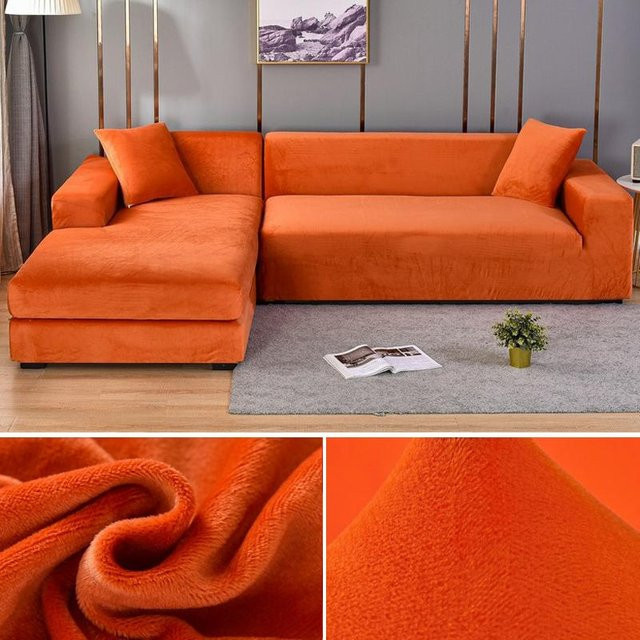 Elastischer Samt-Sofabezug von Your Warm Home in Orange für Ecksofas, 4-Sitzer, Breite: 235-300 cm - Bild 1