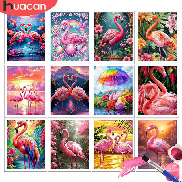 HUACAN Malen nach Zahlen Set Flamingo und Sonnenuntergang auf Leinwand, DIY Kunstset für Hobby und Heimdekoration, Mehrfarbig - Bild 1