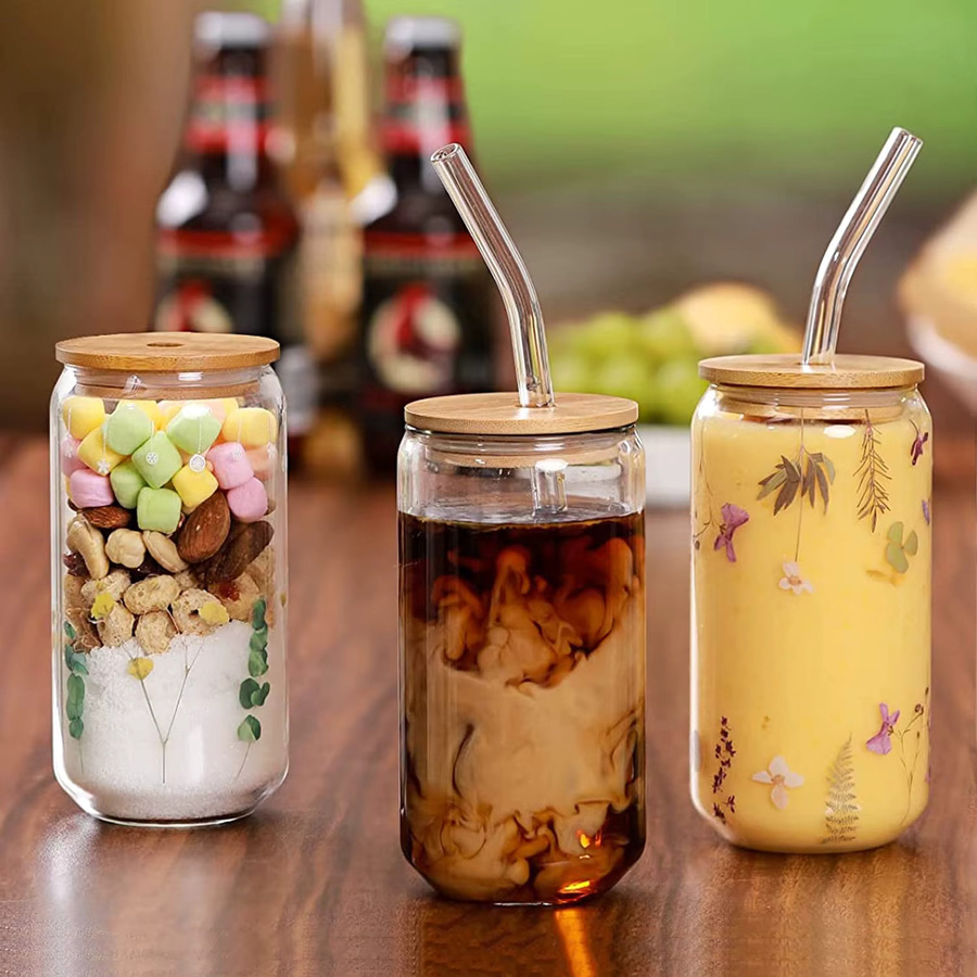 TCJJ Bubble Tea Glasbecher mit Bambusdeckel und Strohhalm, transparent, 400 ml - Bild 2