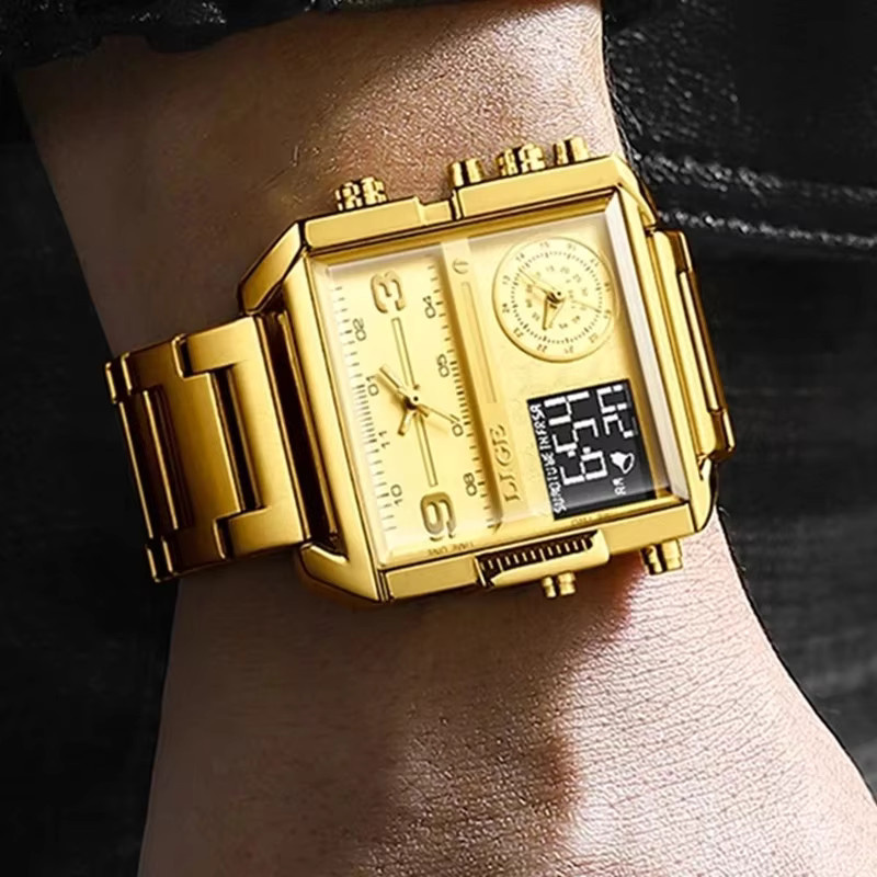 LIGE Armbanduhr, Quarz, Gold, Edelstahl, Eckig, Herren - Bild 5