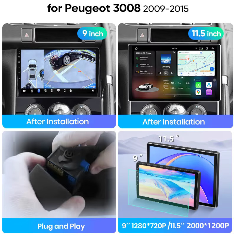 Junsun Android Auto Multimedia Radio für Peugeot 3008 mit kabellosem CarPlay, GPS, Navi und DSP in Schwarz - Bild 3