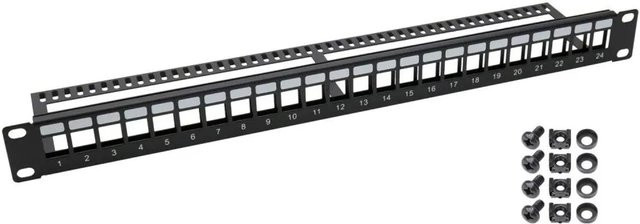 HMF 66445-02 UTP Keystone-Patchpanel für 19 Zoll Serverschrank, 24 Ports RJ45, Schwarz - Bild 1